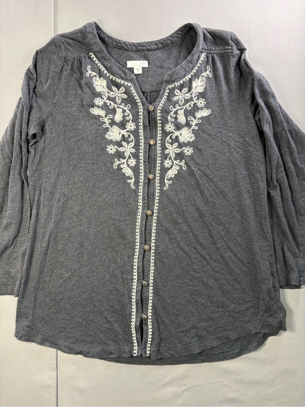 J. Jill Charcoal Gray Long-Sleeve Embroidered Button Top